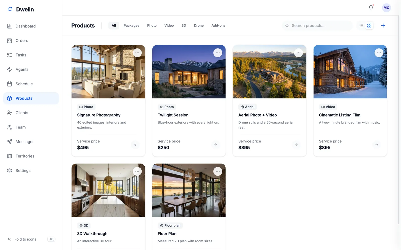 Products and prices in Dwelln