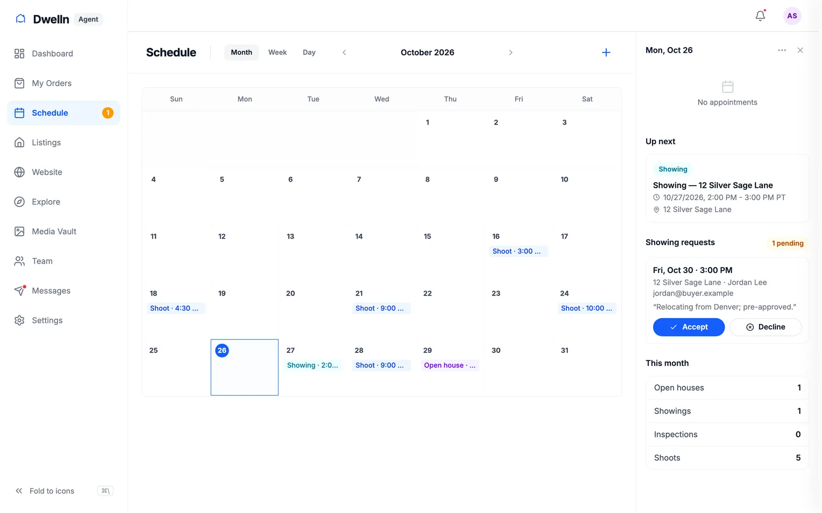 An agent’s schedule in Dwelln